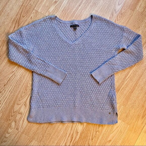 American Eagle Light Blue/Grey Knitted V-Neck Sweater - Picture 2 of 12